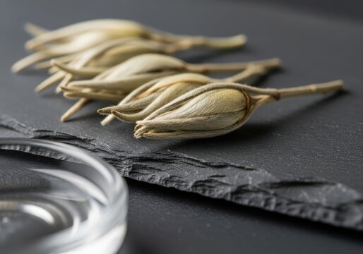 Dried silver needle white tea buds on a dark slate surface