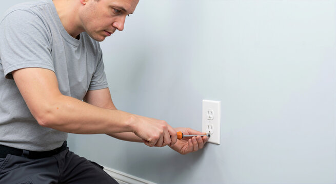 Man installing electrical outlet cover with screwdriver. Male handyman fixing wall socket during home renovation project