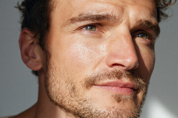 Obraz premium Young man portrait sunlight on cheekbone and jaw, green eyes, short beard, natural skin texture, thoughtful expression