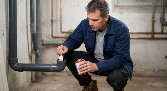 Male plumber applying cement to a PVC pipe joint. Handyman repairing plumbing in a basement utility room