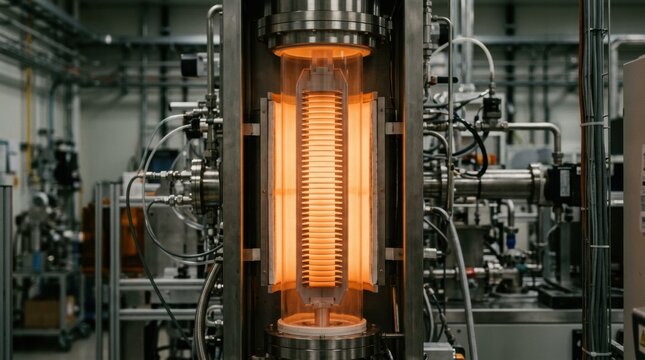 Vertical furnace chamber with semiconductor wafers arranged vertically illuminated by soft orange light illustrating batch processing in a controlled chemical vapor deposition