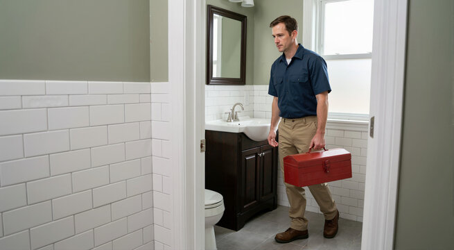 Male plumber carrying a red toolbox into a bathroom. Handyman arriving to perform home maintenance and repairs