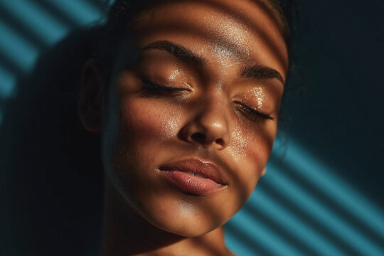 Serene portrait glowing skin closed eyes soft shadow lines warm light