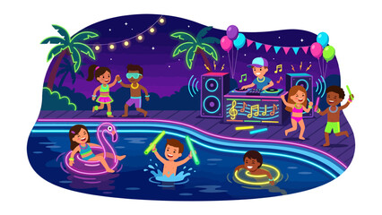 Pool Party Extravaganza: Children revel in a vibrant nighttime pool party, complete with music, dancing, inflatable toys, and festive decorations, creating an atmosphere of pure summer fun. © Md