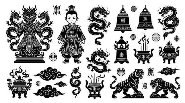 Traditional Chinese Culture Black  White Glyph Vector Set: Dragons, Tigers, Emperor, Bells  Sacred Objects