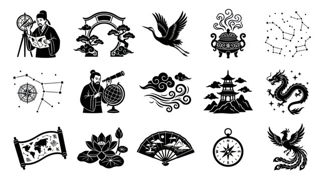 East Asian History Culture Glyph Icons Set. Traditional Chinese Symbols, Astrology  Ancient Science Vectors.