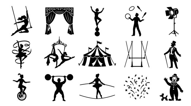Circus Entertainment Glyph Icons Set: Acrobats, Clowns, Performers, and Show Elements Silhouettes Vector