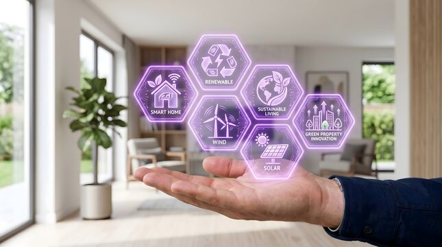 Hand Presenting Glowing smart Home Hexagon Hologram Representing Green Property Innovation