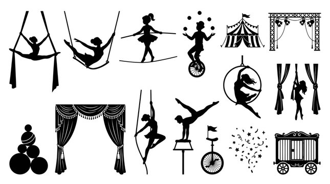 Circus Entertainment Silhouettes Vector Icons Set with Performers, Tent, and Show Elements in Black and White