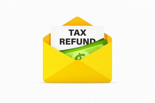 Bright yellow envelope with tax refund check inside