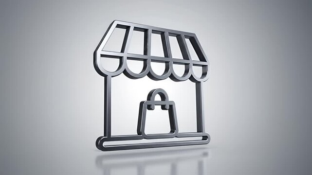 3D Metallic Storefront Icon with Shopping Bag on Reflective Surface.