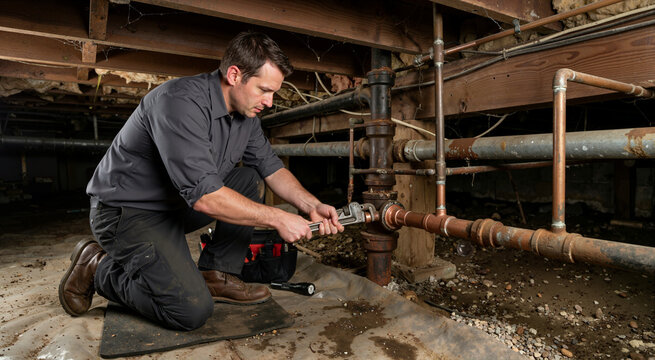 Plumber kneeling in a dirt crawl space using a large wrench to repair old rusty plumbing pipes. Handyman working under a house