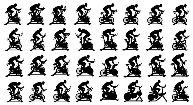 Cyclists ride exercise bikes in this silhouette.