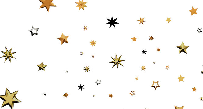 Abstract design of glittering gold stars on a white background, perfect for holiday or celebratory themes. Ideal for fes