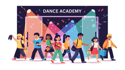 Obraz premium Dance Academy Students: A group of cheerful children, diverse in appearance, exit a vibrant dance academy entrance, carrying their dance gear and smiling, ready for their next adventure.