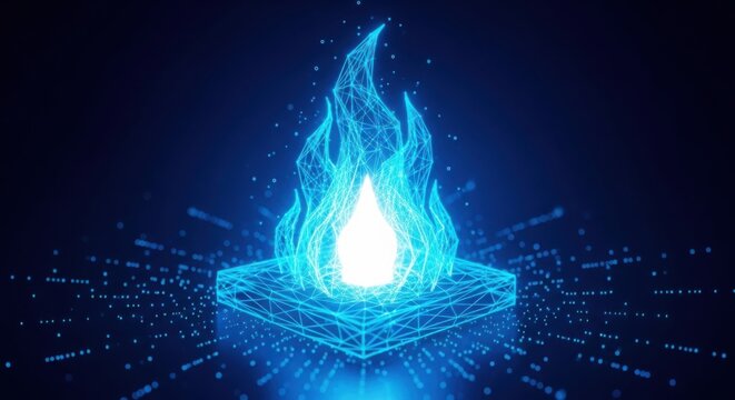 A blue flame is burning brightly on a square base