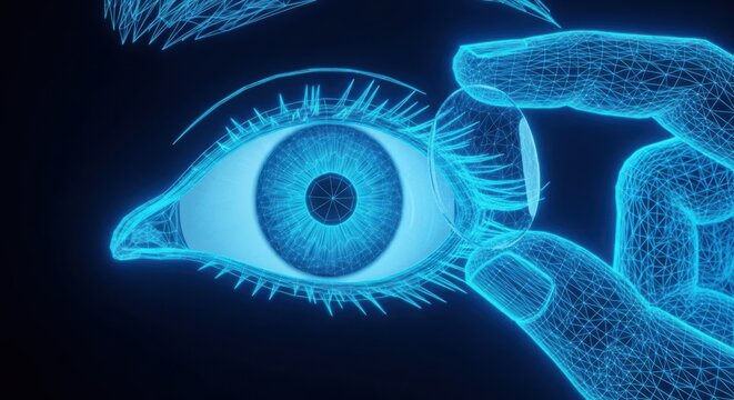 A blue eye with a hand touching it