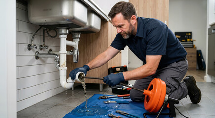 Naklejka na ściany i meble Male plumber removing blockage from kitchen sink pipe. Professional worker using drain snake auger on clogged PVC trap with dirty water spilling. Home plumbing repair concept