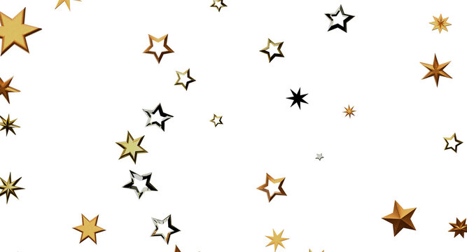 Golden stars confetti on a white background, perfect for holiday, celebration, birthday, and party designs. Symbol of jo