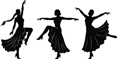 Black silhouette dancers performing ballet arabesque and pirouette poses black silhouettes de © MSTMOMOTAJ