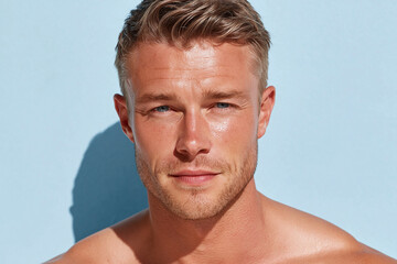 Naklejka premium Handsome sunlit man with luminous complexion and hydrated skin, close up portrait conveying confident relaxed expression and healthy glow
