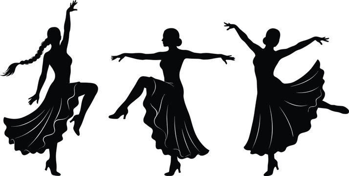 Black silhouette dancers performing ballet arabesque and pirouette poses black silhouettes de