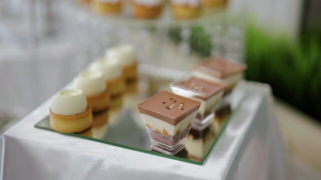 Waiter in gloves placing layered chocolate mousse verrines on a mirror tray