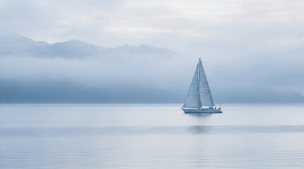 Fototapeta premium Minimalist serene landscape featuring a white sailboat on calm ocean waters against a backdrop of majestic foggy mountains in cold blue tones.