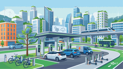 Obraz premium Modern eco friendly city with electric vehicle charging station infrastructure illustration