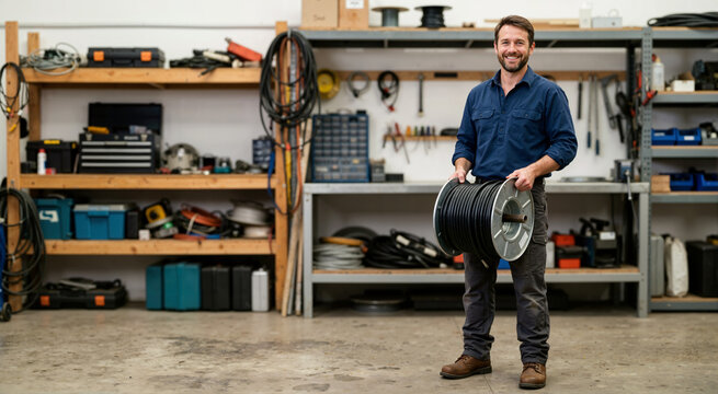 Smiling male electrician holding a large spool of black cable. Confident professional tradesman standing in a workshop