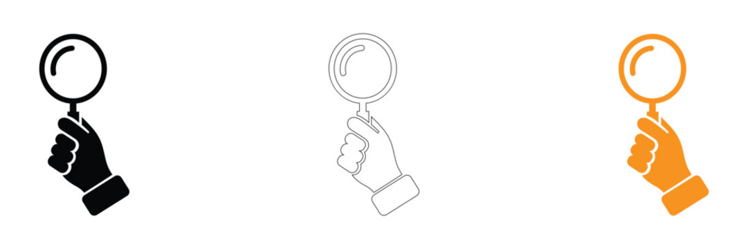 Hand holding magnifying glass icon set on white background for search and investigation concepts