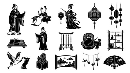 Obraz premium Chinese Culture Icons: Ancient Scholars, Calligraphy, Lanterns, and Crane Illustration