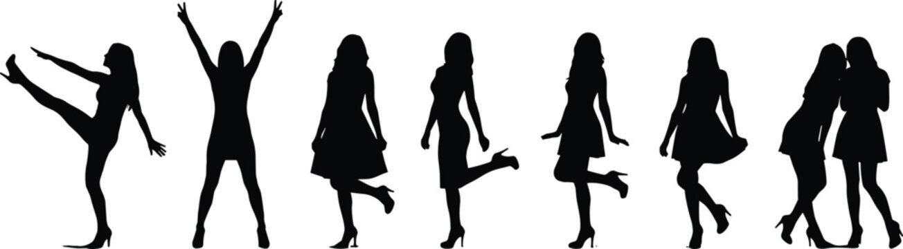 Black silhouette dancers performing various dance moves on white background black silhouettes