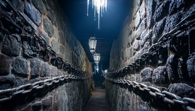 a dark and damp stone corridor with chains and icicles