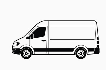 Fototapeta premium Delivery van line art vector illustration. Cargo vehicle side view outline icon.
