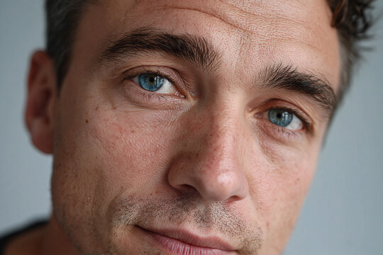 Blue eye man portrait close up with natural skin texture and soft glow, diffused wind lifts hair, relaxed expression and subtle stubble