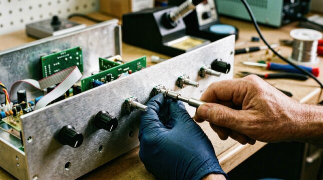 Closeup medium shot focusing on frontpanel rotary encoders being connected and fastened on a function generator emphasizing detailed electronics craftsmanship.