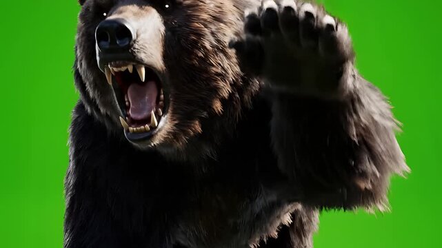 Aggressive Grizzly Bear Charging Forward on Green Screen Background 1.