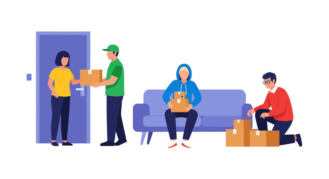 Delivery service, people receiving and sending parcels, online shopping concept