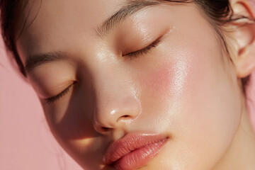 Fototapeta premium Dewy hydrated Korean woman portrait with soft glowing skin, closed eyes and natural pink blush, minimalist beauty concept highlighting smooth complexion and luminous makeup