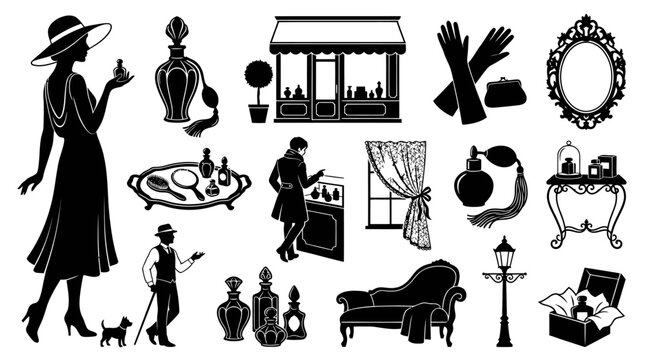 Luxury Beauty  Fashion Industry: Vintage Perfume, Elegant Accessories Silhouette Glyphs Vector Set
