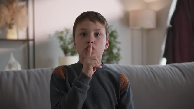 Young boy sitting on a couch making a shushing gesture with his finger to his lips. The calm moment highlights childhood playfulness, nonverbal communication and the comfort of home leisure