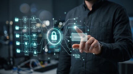 Fototapeta premium A person's hand touches a glowing digital interface displaying a padlock icon and various data protection symbols, representing cybersecurity and data privacy.