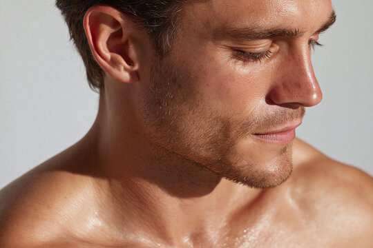 Male shoulder chest neck jawline face closeup illuminated by warm light male shoulder chest neck jawline face closeup warm light natural light portrait upper body bare torso stubble facial hair