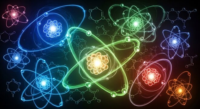 Abstract Atomic Structure with Glowing Orbits and Nucleus.
