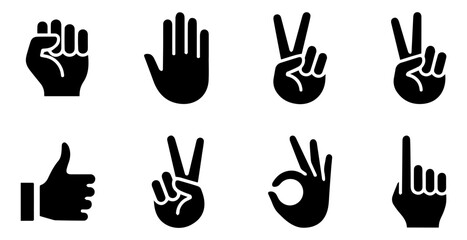 Obraz premium Hand gestures silhouette set, vector emoji icons collection of multi ethnic hands showing different signs