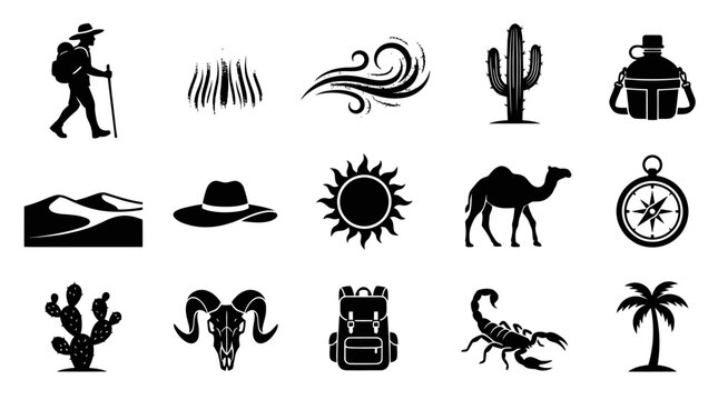 Desert Adventure and Safari Travel Black  White Glyph Icons Set - Outdoor Exploration Symbols