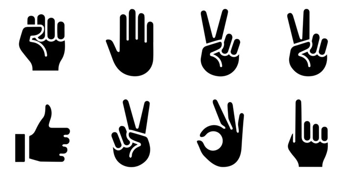 Hand gestures silhouette set, vector emoji icons collection of multi ethnic hands showing different signs