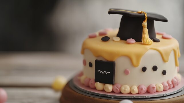 Decorated graduation themed cake sits on a wooden stand.