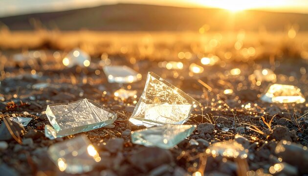 Sunlight refracts through shattered glass fragments scattered on textured ground